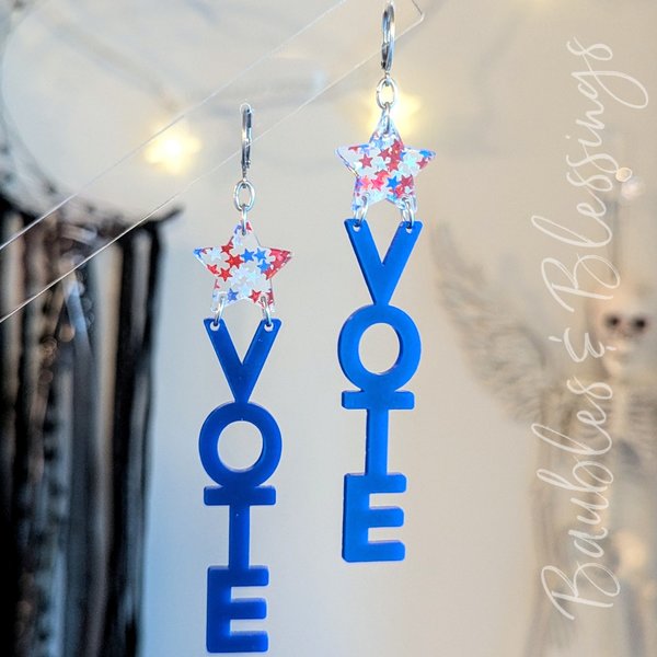 XL Vote Blue Earrings with Patriotic Glitter Stars