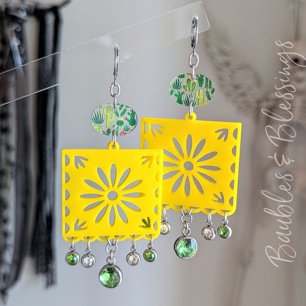 Papel Picado Inspired Flower Earrings with Cacti & Glass Crystals
