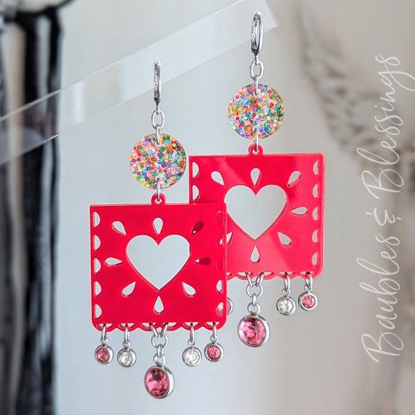 Papel Picado Inspired Heart Earrings with Glitter & Glass Crystals