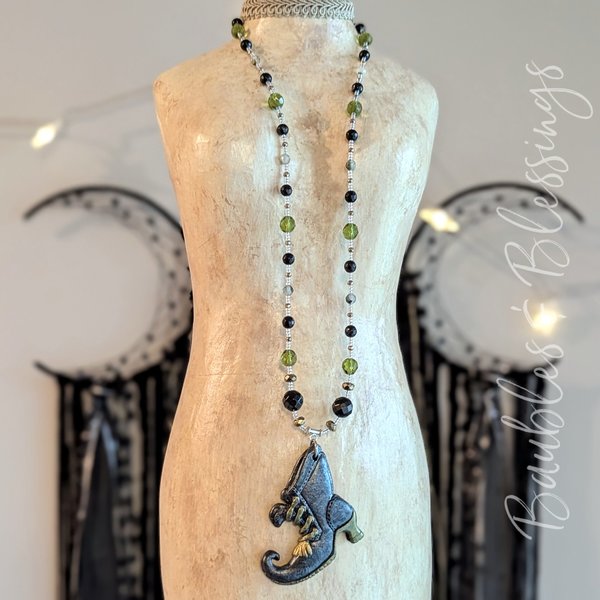 OOAK Witch's Boot Necklaces with Onyx & Pyrite