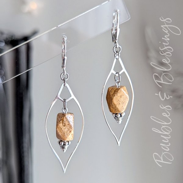 Sterling Silver Marquis and Picture Jasper Earrings