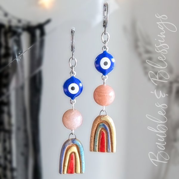 Evil Eye Protection Earrings with Sunstone & Boho Rainbows