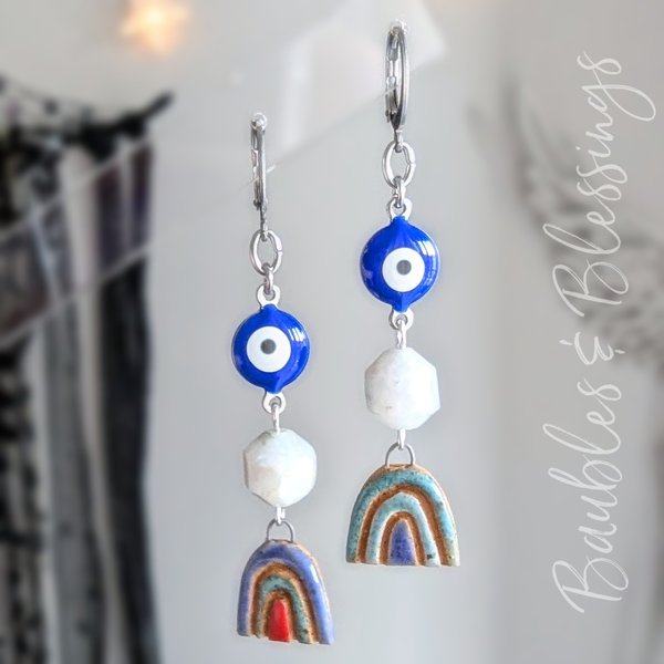 Evil Eye Protection Earrings with Moonstone & Boho Rainbows