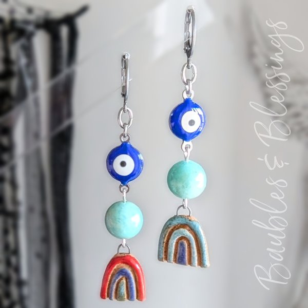 Evil Eye Protection Earrings with Amazonite & Boho Rainbows