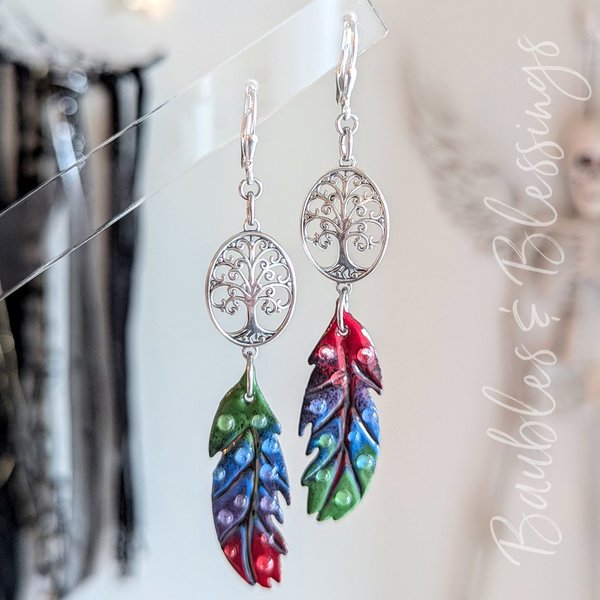Tree of Life Earrings with Lampwork Enameled Feathers