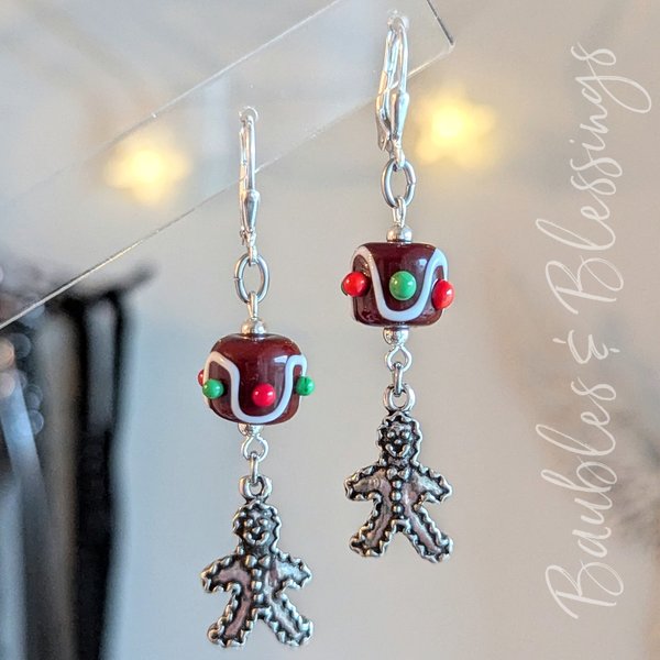 Gingerbread Person Earrings with Lampwork Glass