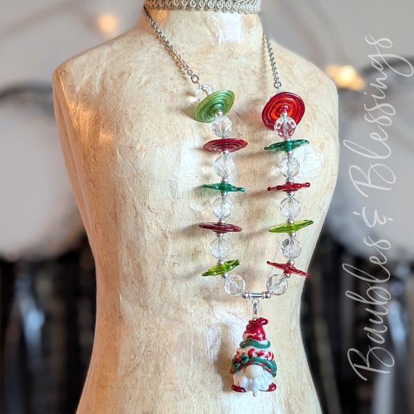 Christmas Gnome Necklace with Lampwork Discs & Quartz