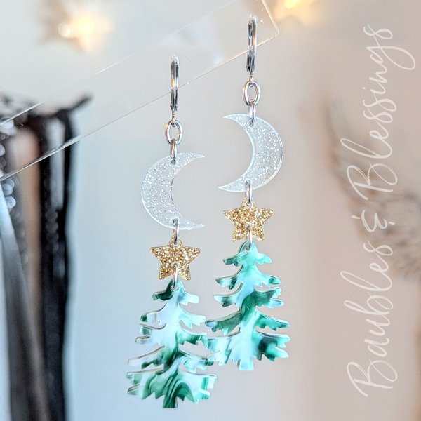 Marble Acrylic Holiday Tree Earrings with Crescent Moons 