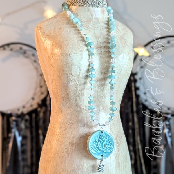 Ganesha Necklace with Green Moonstone & Selenite