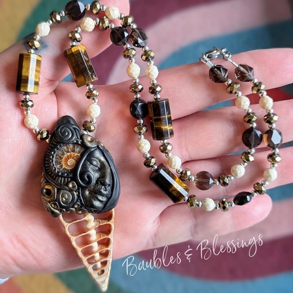 Goddess Necklace with Ammonite, Pyrite, Tiger's Eye, etc 