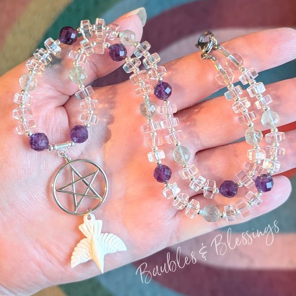Witchy White Raven Necklace with Fluorite & Amethyst