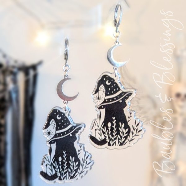 Witchy Kitty Earrings with Stainless Crescent Moons