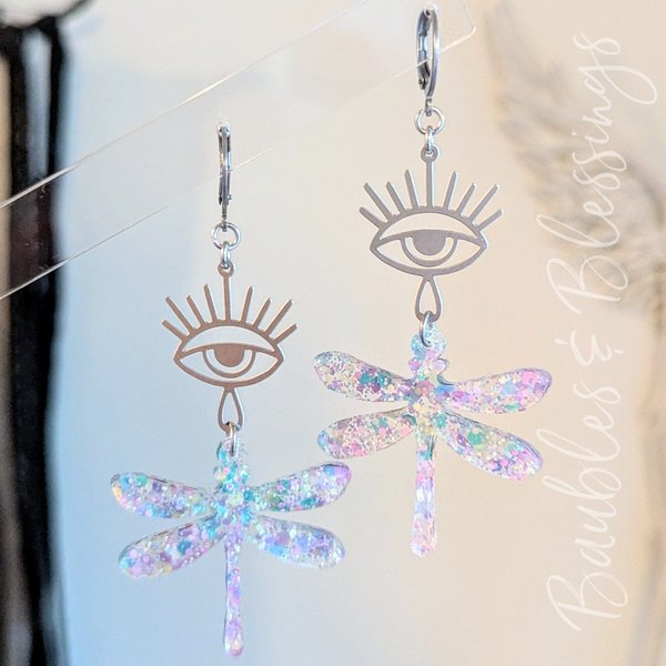 Glittery Dragonfly Earrings with Stainless Eye Charms