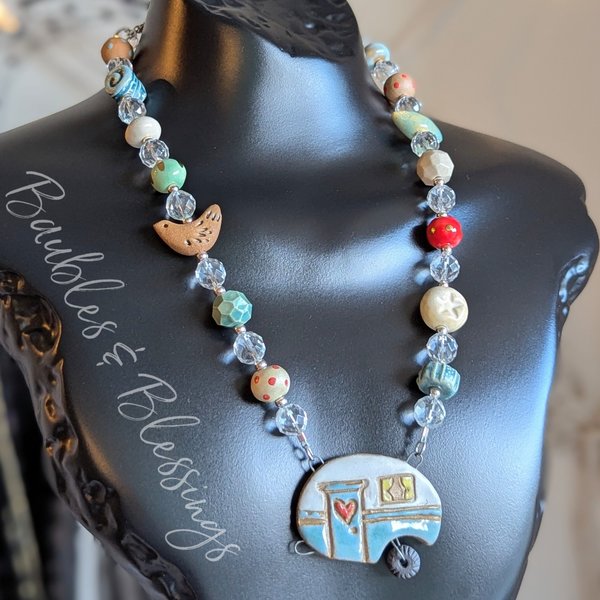 Whimsical Blue Camper Necklace with Handmade Beads