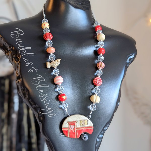 Whimsical Red Camper Necklace with Handmade Beads