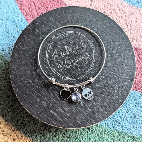 Bangle Bracelet with Purple Crystal & Skull Charm