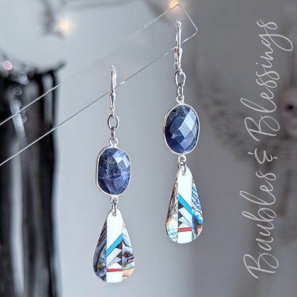Beautiful Inlaid Shell Earrings with Freeform Sodalite