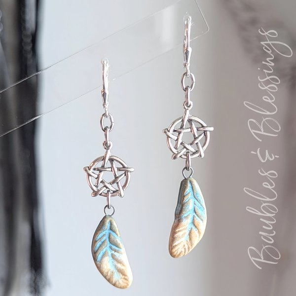 Ceramic Feather Earrings with Sterling Pentagrams
