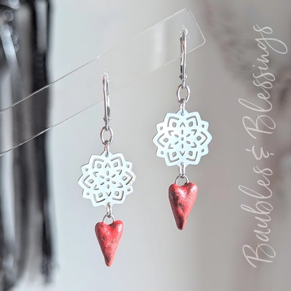 Red Ceramic Heart Earrings with Lip Shell Mandala