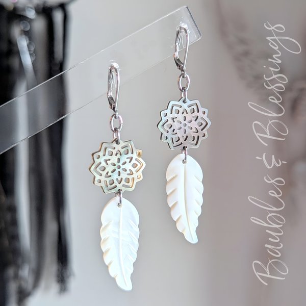 Mother of Pearl Leaf Earrings with Lip Shell Mandala