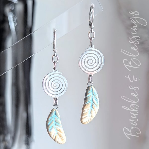Sweet Gaea Feather Earrings with Stainless Spirals