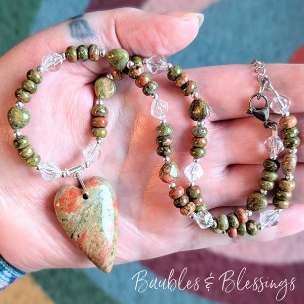 Heart Chakra Necklace with Unakite Love Heart Pendant