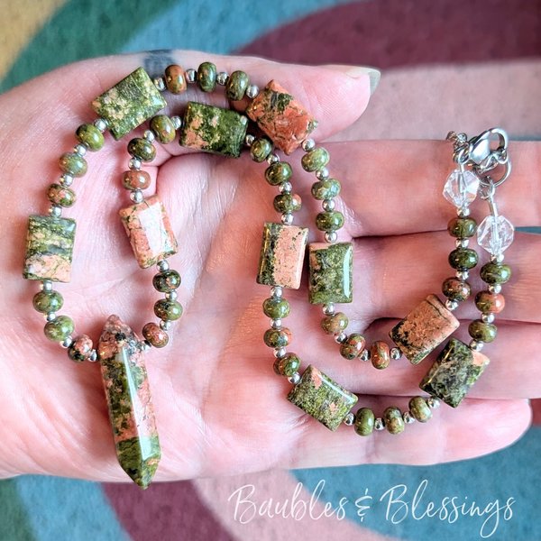 Heart Chakra Crystal Point Necklace with Unakite