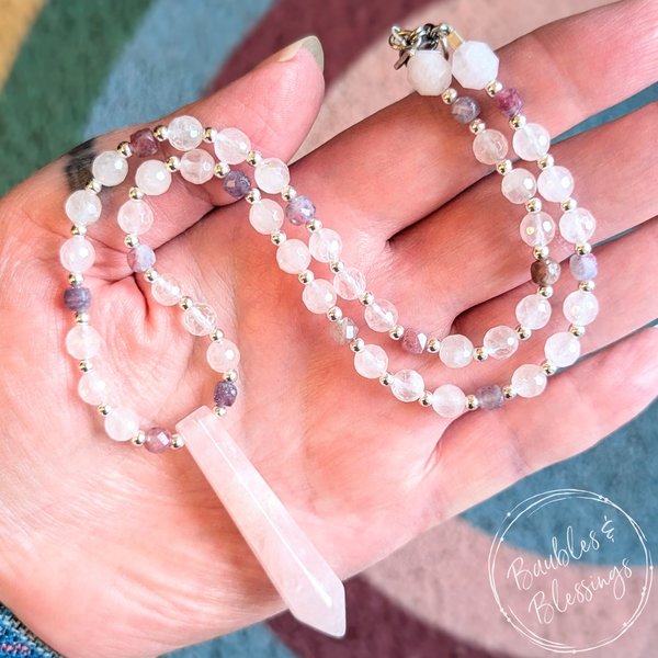 Heart Chakra Necklace with Rose Quartz & Lepidolite