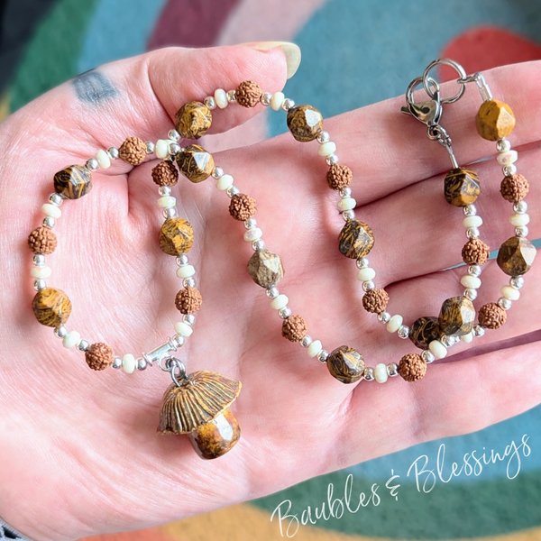 Earthy Necklace with Handmade Ceramic Mushroom
