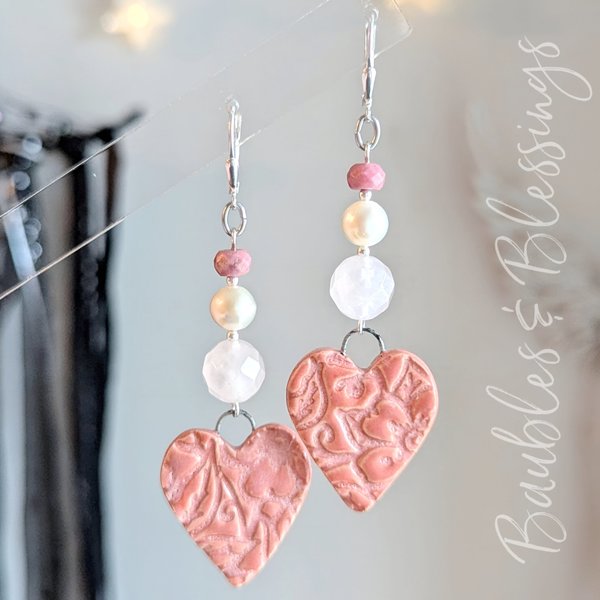 Gorgeous Heart Earrings with Pearls & Rose Quartz