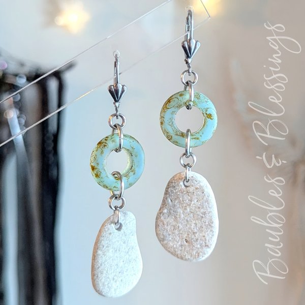 Beach Pebble Earrings with Faux Antique Glass Rings