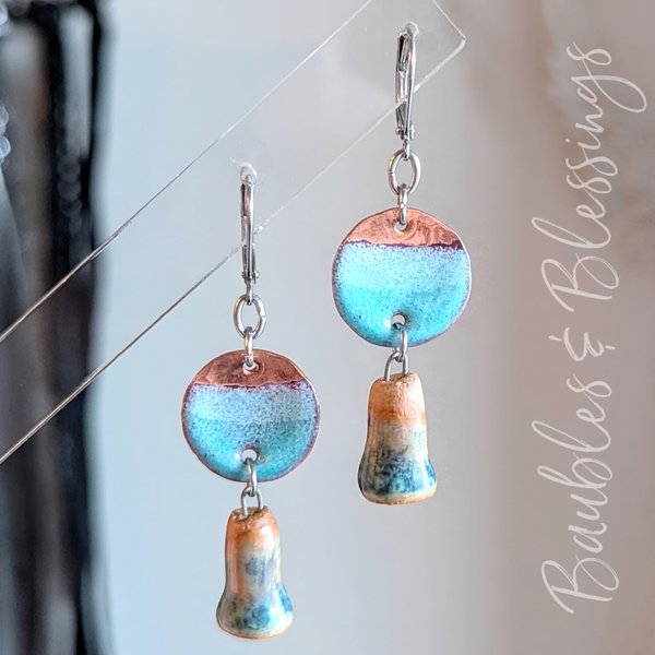 Blue Enameled Copper Earrings with Ceramic Charms