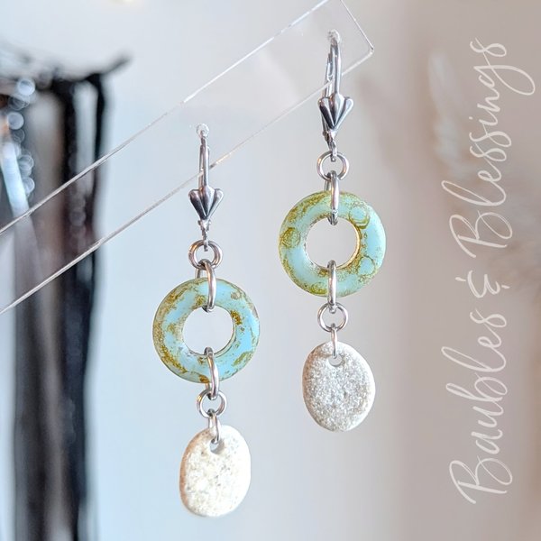 Petite Beach Pebble Earrings with Green Glass Rings