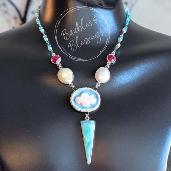 Whimsical Cloud Necklace with Pearls, Rubies & Amazonite