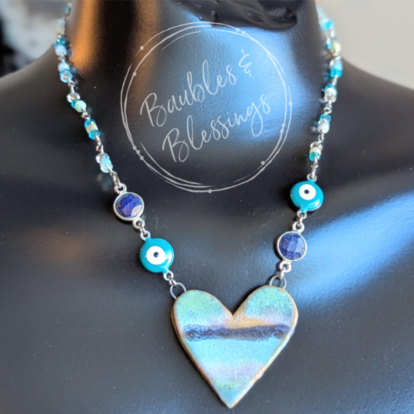 Sweet Evil Eye & Heart Necklace with Lapis Lazuli