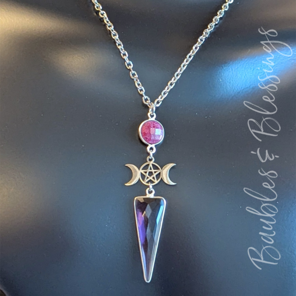 RESERVED for A: Witchy Triple Moon Necklace w Ruby