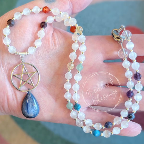 Selenite, Kyanite & Chakra Gem Pentagram Necklace
