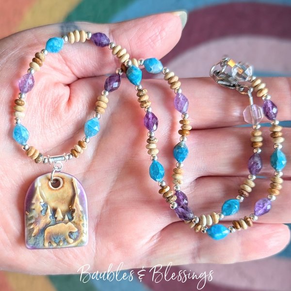 Bear in Forest Necklace with Bright, Cheerful Beads