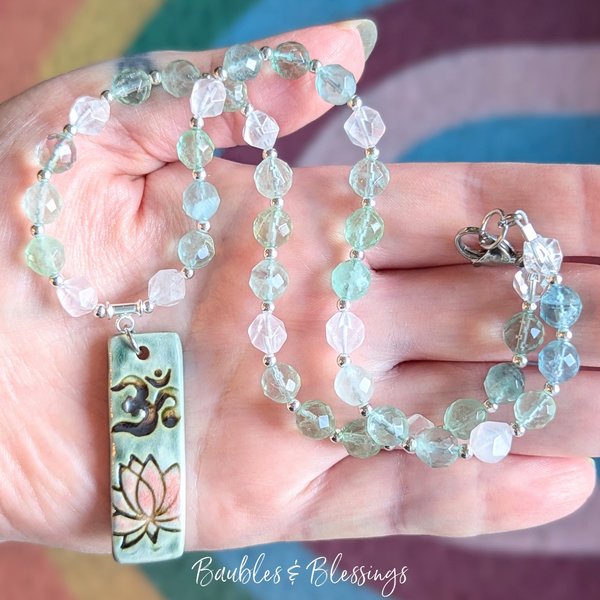 Om/Lotus Necklace with Fluorite & Rose Quartz