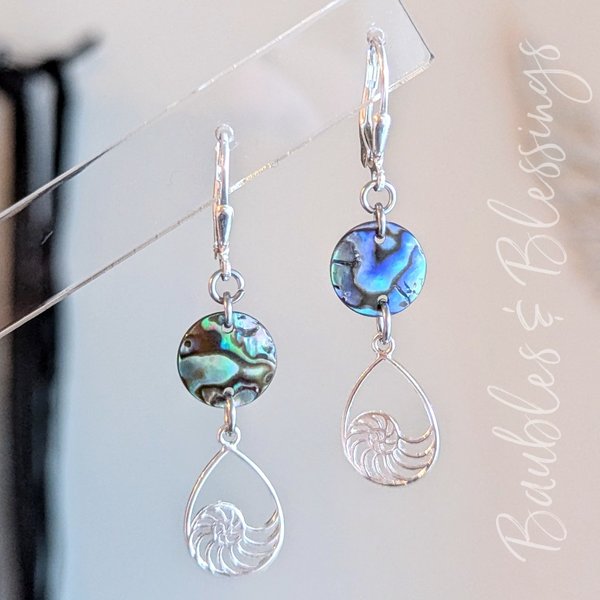 Petite Paua Shell Earrings with Ammonite Charms