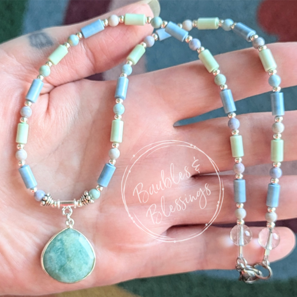 Dyed Agate & Amazonite Necklace with Almond Pendant