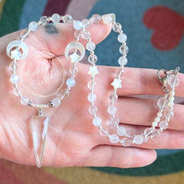 Elegant Celestial Quartz & Rainbow Moonstone Necklace 