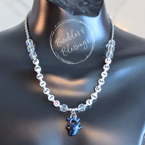 RESIST! PERSIST! Necklace with Mini Blue Anatomical Heart