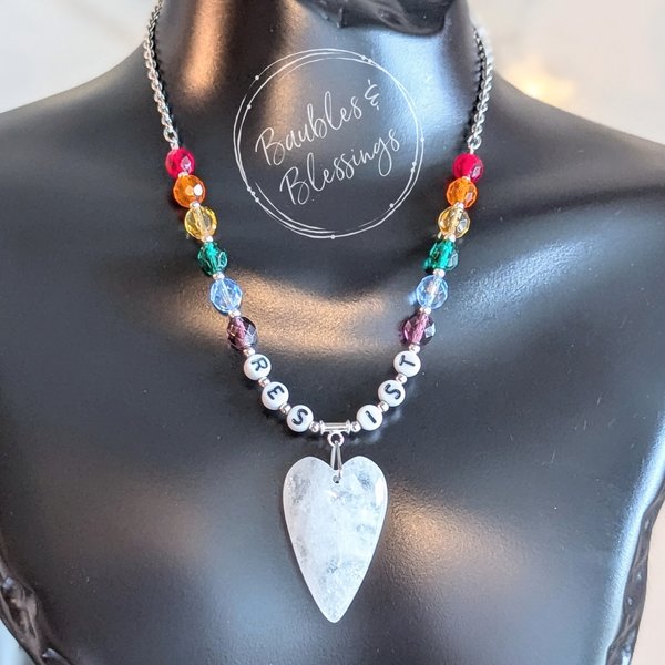 RESIST! Necklace with Rainbow Beads & Quartz Heart