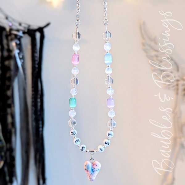 RESIST! Necklace with Bright, Cheerful Selenite Beads