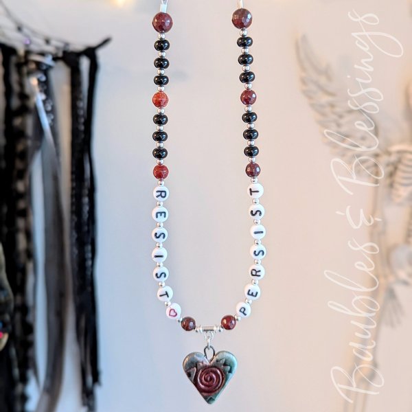 RESIST! PERSIST! Necklace with Onyx & Apple Jasper
