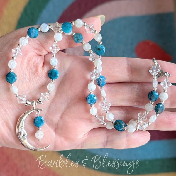 Crescent Moon Necklace with Apatite & Moonstone