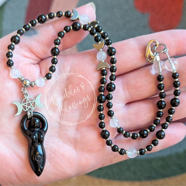 Onyx & Rainbow Moonstone Goddess Necklace