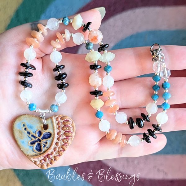 Dragonfly Necklace with Rainbow Moonstone & Various Crystals