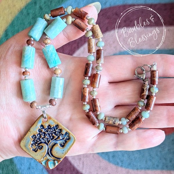 Tree of Life Necklace with Impression Jasper & Amazonite